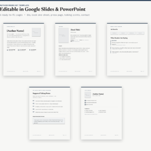 Author Media Kit Template — editable Google Slides and PowerPoint press kit, 5 pages shown