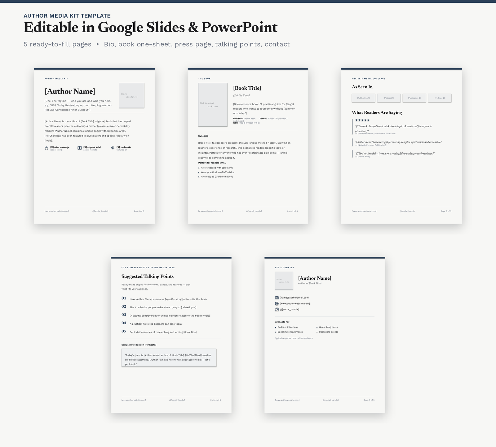 Author Media Kit Template — editable Google Slides and PowerPoint press kit, 5 pages shown